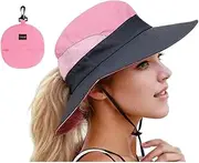 [Bluejunior] Sun Hat for Women, Packable Ponytail Sun Bucket Hat for Women Men Wide Brim Hat UV Protection Hat Foldable Cool Mesh Ponytail Bucket Hat Pink