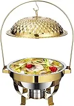 Hanging Lid Dining Stove, 4.5L 6L 8L Stainless Steel Round Food Warmers, Water Injection Insulation, Commercial Chafing Dish Buffet Set for Parties, Home and Restaurant(Gold,6L)