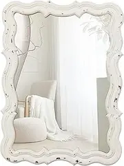 [Sintosin] Vintage Scalloped Wall Mirrors Decorative 16 x 12 inch, Hanging Distressed White Sculpted Wood Bathroom Vanity Mirror, Rustic Small Entryway Mirror, Farmhouse Wall Mounted Mirrors