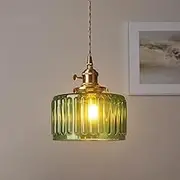 TONFON Modern Minimalist Chandelier Single Head Glass E27 Hanging Light Industrial Vintage Brass Ribbed Glass Pendant Light for Kitchen Island Living Room Bedroom Bedside Dining Room Hallway