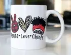 Patrick Mahomes coffee mug stating,"Peace Love Chiefs"