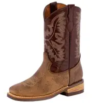 Kids Unisex Genuine Leather Cowboy Boots Brown Square Toe Casual Rodeo Size 12