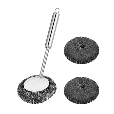 Steel Wool Scrubber with Long Handle Scrubbing Brushes for Household Kitchen Use