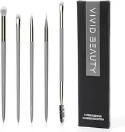 [VIVID BEAUTY] 5pcs Eye Makeup Brush Set - Make up Brushes for Eyeshadow, Eyeliner, Blending & Eyebrow - Small Travel eyes Kit with Wood Handle & Synthetic Bristles - Perfect for Women & Girls (Grey)