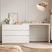 Extendable Vanity Desk & Storage Cabinet,No Mirror,Big Modern Dressing Table with 3/6 Drawers,White Solid Wood,Telescopic Design(80+80cm)