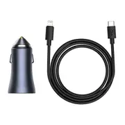 Dual Quick Charger Car Charger U+C 40W - Sleek Dark Grey Design with Bonus Type-C to iP Cable for Seamless Charging