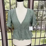 O'Neill Womens Mariah Green Stripe V Neck Button Front Peplum Top Stitch Fix S