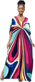 [Ailaoyou] Irregularly Print Women's Kaftan Dresses V-Neck Beach Swimwear Cover Up Caftans Boho Rainbow Stripe Caftan