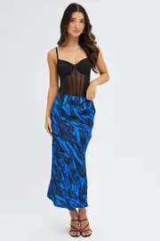 Blue Abstract Midi Skirt High Waisted Satin Bias Cut - Size 14, Women's A Line Skirt