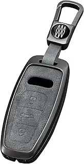 HIBEYO Key Fob Cover Compatible with Audi A6 A8 Q7 S6 A7 S7 E-Tron RS6 RS7 Q8 SQ8 SQ7 Alloy Key Case&Smooth Leather Surface