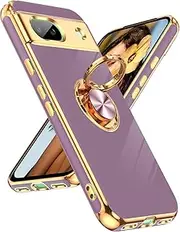 [LeYi] for Google Pixel 8A Phone Case: with 360° Rotatable Ring Holder Magnetic Kickstand, Plating Rose Gold Edge Protective for Google Pixel 8A Case, Purple