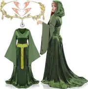 Morakot 6 Pcs Halloween Renaissance Fairy Costumes for Women Renaissance Medieval Hooded Robe Dresses Fairy Headband Elf Ear Large