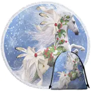 Snowflakes Winter White Horse Round Beach Towel