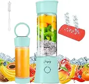 Portable Blender for Shakes and Smoothies with 16 oz. Borosilicate Glass Travel Cup and Lid, USB-Rechargeable Personal Blender with Six Stainless Steel Blades, Ice Tray, and Cleaning Brush