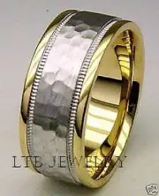 10K TWO TONE GOLD MENS WEDDING BANDS RINGS MILGRAIN HAMMERED FINISH 8MM