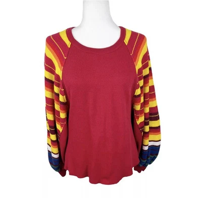 We The Free Sweater Women Large Red Striped Balloon Sleeve Rainbow Dream NWT
