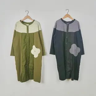 【MOSS CLUB】棉花撞色異材質布料拼接開襟長袖長洋裝(黑 綠)