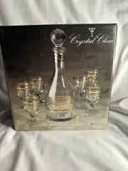 Crystal Decanter with 24 k Gold Rings and 6 Cordial Glasses with box