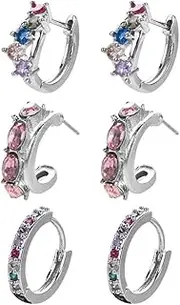 Rhinestone Earrings 3 Pairs Fashion Colorful Rhinestone Earrings Simple Zircon Hoop Earrings Women Elegant Geometric Ear Studs Sweet Ear Jewelry, Copper, Zircon