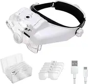 Head Mounted Magnifying Glass, USB Charging 31 Magnifications 3 LED Lights Magnifier Visor with 6 Lens, Adjustable Size LED Head Magnifier for Elderly