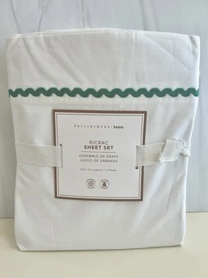 Pottery Barn Teen Ricrac Sheet Set NWT Full Size Green/White