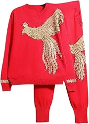 [Generic] Women's Beading Sequins Knitted Sweater Set Female Tracksuits Loose Pullover Sweater Elastic High Waist Pants Outfits