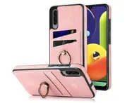 Full Protection Cover for Samsung Galaxy A50/A50S, 2 Cards PU Leather Case with Ring Holder - Pink