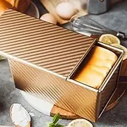 Pullman Loaf Pan with Lid, Non-Stick Carbon Steel Corrugated Toast Box, 1 lb Dough Capacity Bread Pan for Oven Baking - Gold