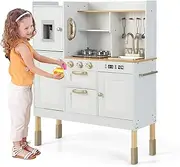 INFANS Kid Kitchen Playset, Toddler Wooden Pretend Cooking Set with Realistic Light & Sound, Stove, Sink, Microwave, Storage Cabinet, Play Kitchen Toy Set for Children Boys Girls