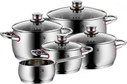 WMF Pot Set 5-Piece Quality One Steam Vent Glass Lid Cromargan® Stainless Steel Polished Suitable for Induction Hobs Dishwasher-Safe, Silver, 56.7 x 29.5 x 29.3 cm