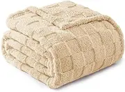 Fleece Throw Blanket for Sofa - Soft Checkered Single Blankets for Women, Fluffy Cosy Warm Blanket for Bed 130x170 cm (Beige, Throw/Single)