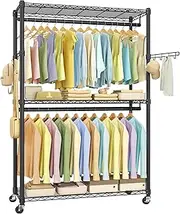 SONGMICS Garment Rack, Heavy-Duty Rolling Clothes Rack, Portable Closet Rack, 43.3-Inch Wide Clothing Rack on Wheels, with Adjustable Mesh Shelves and Hanging Rails, Hooks, Ink Black ULGR414B01