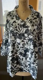 NWT Under Flax Kyoto Cardigan Button Blouse MEDIUM 100% Linen Black Floral NOS