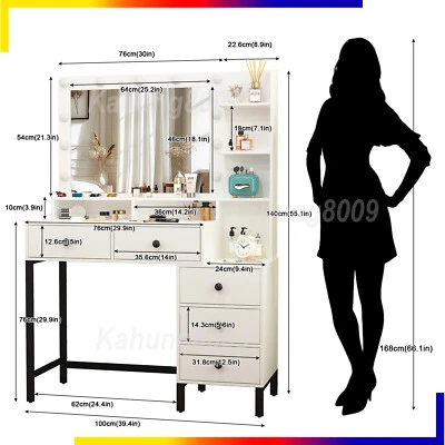 Dressing Table with 5 Drawers LED Mirror Set Bedroom Makeup Desk Vanity Table