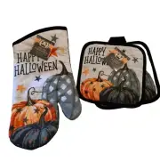 Halloween Happy Halloween Pumpkin 2 Potholders and 1 Oven Mitt Set (3 pcs)