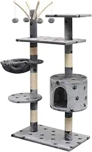 Cat Tree with Sisal Scratching Posts 125 cm - Sturdy & Space-Saving Cat Furniture for Indoor Cats, Grey Paw Prints Design for Scratching & Climbing