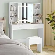 Advwin Dressing Table Stool Set with Slide LED Mirror, Make UP Vanity Desk with 2 Storage Drawers and Open Storage Shelf for Home Bedroom Furniture, White