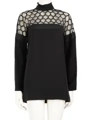 Black Silk Mesh Detail Long Sleeve Dress
