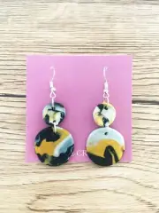 Handmade Black White Gold Marble Look Polymer Clay Earrings Silver Hook Backing