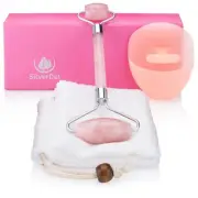 3 in 1 Rose Quartz Roller, Silicone Face Brush and Bamboo Pouch by SilverDel