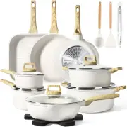 21Psc Pots and Pans Set Non Stick - White Granite Kitchen Cookware Sets Nonstick