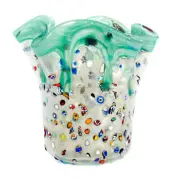 Murano Glass Vase Art Green Silver Multi Handmade Millefiori Venice Italy