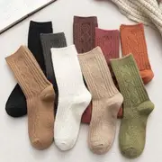 Set of 3 Pairs: Plain Cable Knit Socks Light Coffee & Dark Rust Red & Green - One Size