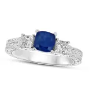 5.0mm Cushion-Cut Blue Sapphire and 0.38 CT. T.W. Princess-Cut Natural Diamond Three Stone Engagement Ring in Solid 14K White Gold