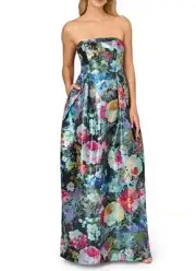 Aidan Mattox Metallic Floral Jacquard Structured Strapless Ball gown Pockets NWT