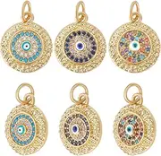 Beebeecraft 1 Box 5Pcs Evil Eye Charms 18K Gold Plated Light Blue Cubic Zirconia Enamel Charms Flat Round with Jump Ring