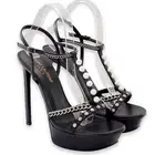NEW $975 YSL Studded/Pearl Alice T-Strap Platform Sandals - Black - Size 38.5