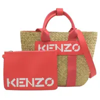 在飛比找momo購物網優惠-【KENZO】亮眼品牌英字LOGO撞色條紋手提兩用包草編包(
