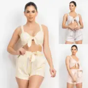 Women's Tie-front Striped Crop Tank Top & Belted Shorts Pajama Set Biker Wear