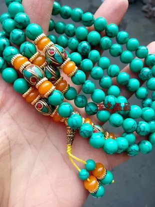 藏式尼泊爾佛珠手鏈108顆綠松石手串蜜蠟藏式黃銅佛頭手鏈